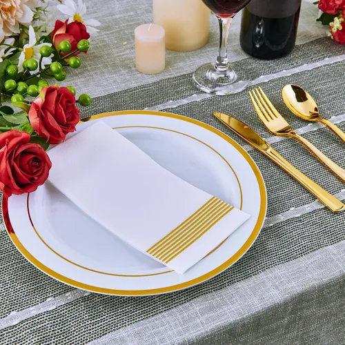Miniatura 3 de Vplus 100 piezas de platos de plástico dorados de 10 pulgadas desechables, platos de plástico resistentes blancos elegantes y duraderos con borde
