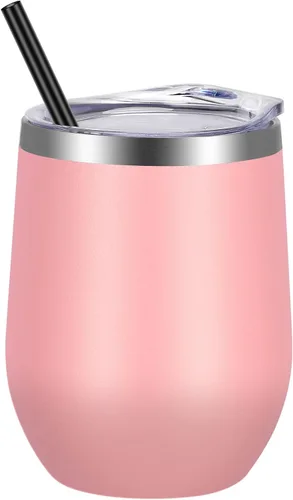 Miniatura 10 de VEGOND - Vaso de vino de acero inoxidable de 12 onzas con tapa y popote, vaso de vidrio de vino aislado de doble pared sin tallo, taza de café