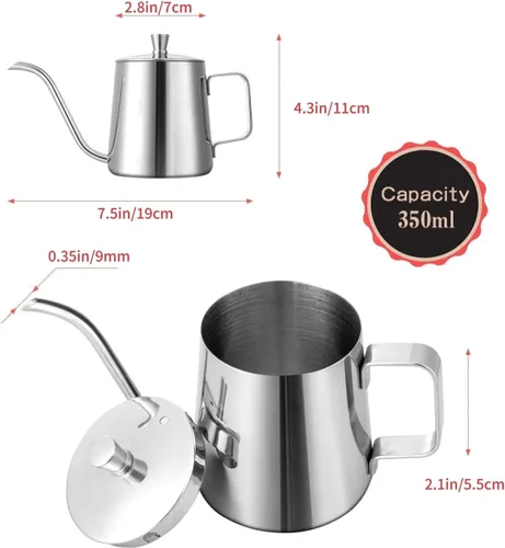 Miniatura 5 de GWHOLE Pequeño hervidor de café de cuello de cisne para verter 12 oz/11.8 fl oz de largo y estrecho goteo boquilla cafetera para estufa - plata