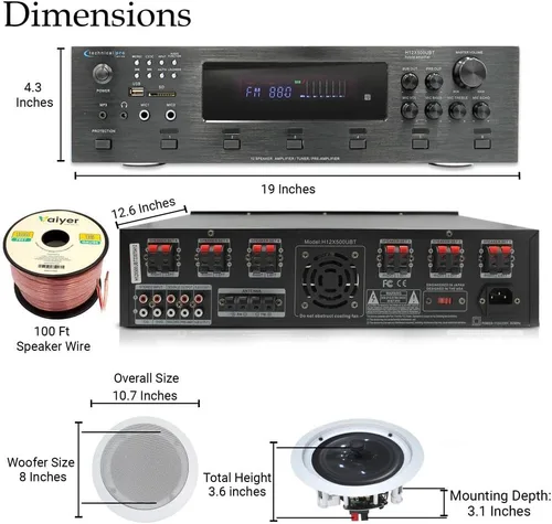Miniatura 2 de Technical Pro Kit de sistema estéreo para el hogar, amplificador Bluetooth de 6 canales de 6000 vatios con 6 altavoces de techo enmarcados de 8