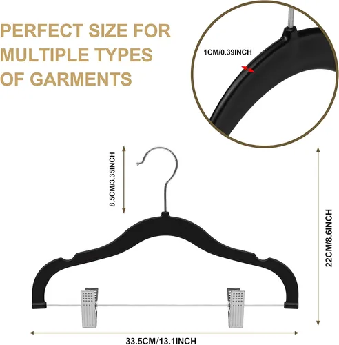 Miniatura 4 de Perchas de plástico de calidad para niños, no aterciopeladas, delgadas, compactas, con clips de metal, para faldas, pantalones, blusas, gancho Negro