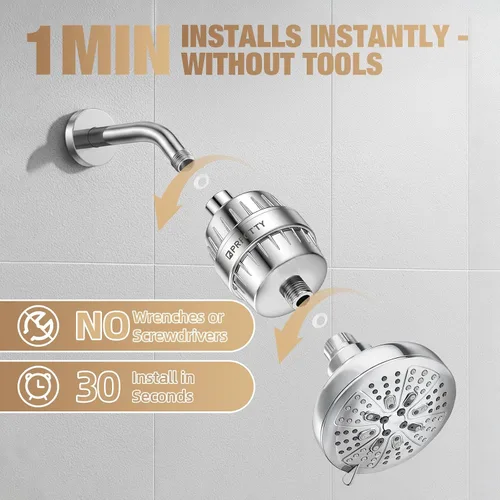 Miniatura 7 de El filtro de ducha de 25 etapas evita la acumulación de sarro, revitaliza el cabello, la piel y las uñas con agua purificadora, suaviza el agua Cromo