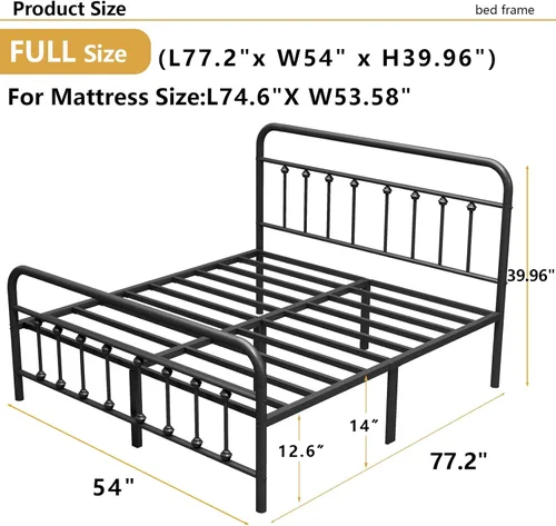 Miniatura 2 de Vengarus Marco de Cama de Metal, Marco de Cama Tamaño Full con Cabecera, Estructuralmente Estable, con Soporte de Listones de Acero Resistente