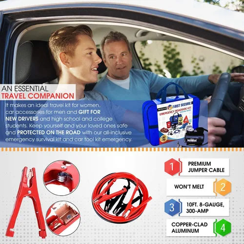 Miniatura 9 de Kit de emergencia para automóvil con compresor de aire, cables de puente, primeros auxilios, correa de remolque, medidor de neumáticos, faro Azul