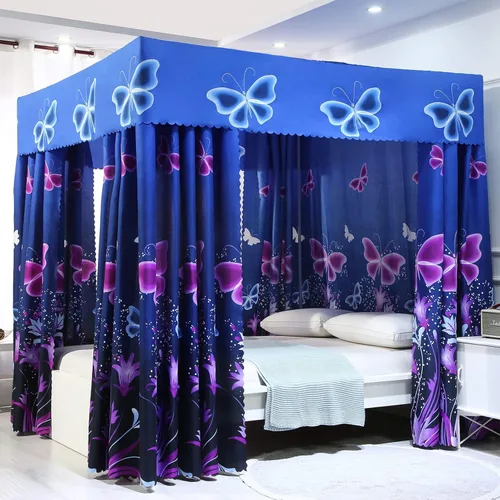 Mengersi Cortina de cama con poste de cuatro esquinas de princesa para niñas, adultos y niños (tamaño matrimonial, mariposa azul)