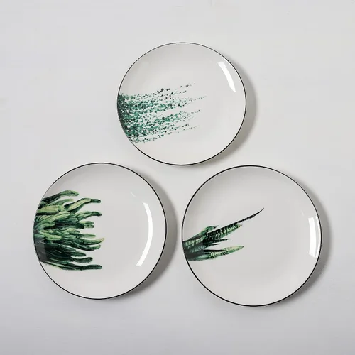 Miniatura 9 de Juego de 6 platos de porcelana de 8 pulgadas con patrón de plantas, vajilla de cerámica blanca para carne, almuerzo, ensalada, postre, servir pan