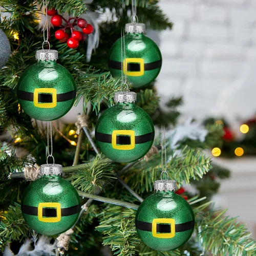 Miniatura 4 de Soulchen 16 adornos de bola de Navidad de elfo de 2.36 pulgadas, bola colgante con purpurina inastillable, adorno de árbol de elfo verde, decoración
