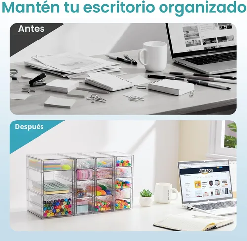 Miniatura 3 de Vtopmart Juego de 4 organizadores de escritorio transparentes, organizador de bolígrafos con 16 cajones, organización de escritorio de acrílico