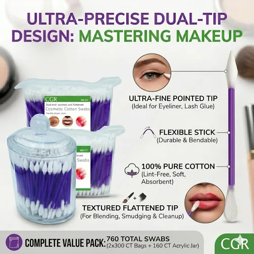 Miniatura 2 de 760 hisopos de algodón CGR Precision empacados en recipiente acrílico para hisopos con punta puntiaguda y aplanada, aplicador de maquillaje