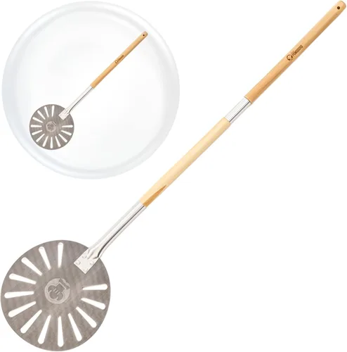 Miniatura 8 de Chef Pomodoro Pala giratoria de aluminio para pizza con mango de madera para un fácil almacenamiento, espátula perforada para pizza, paleta gourmet
