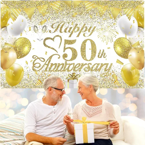 Miniatura 5 de Cartel de decoración del 50º aniversario de boda, pancarta de oro blanco con el texto en inglés "Happy 50th Anniversary" para mujeres y hombres