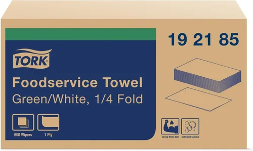 Tork Toalla de limpieza para servicio de alimentos, color verde/blanco, 1/4 plegada, 1 x 600 toallas, 192185