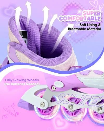 Miniatura 6 de SULIFEEL Love Hearts - Patines en línea ajustables de 4 tamaños para niñas con pompones esponjosos, ruedas iluminadas de 3 a 12 años, regalo