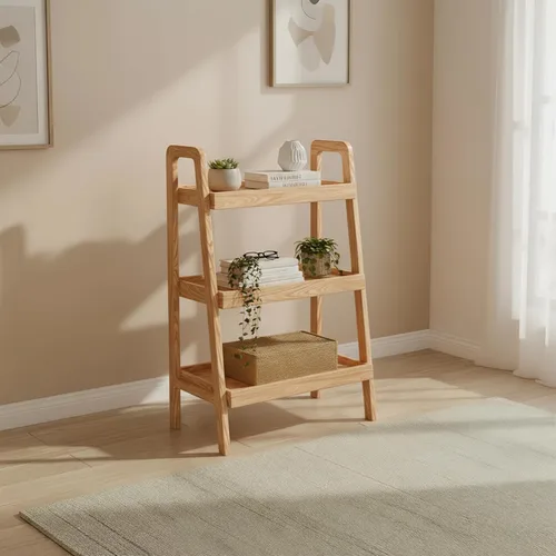 Miniatura 10 de Estante de Escalera 100% Roble Macizo con Gabinete, Mesita de Noche de 32.67" de Alto con Marco Estable para Dormitorio, Pequeña Estantería