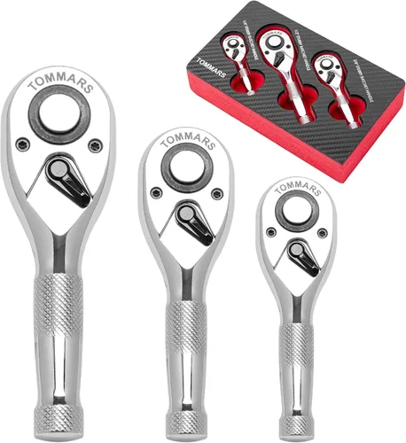 TOMMARS Juego de trinquetes rechonchos, 1/4 ", 3/8", 1/2" llave de mango de trinquete de 72 dientes reversible de liberación rápida