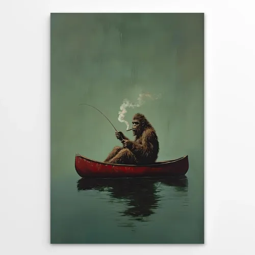 Miniatura 24 de Póster de lienzo retro de Sasquatch, divertido pie grande en una canoa roja, pesca verde esmeralda, arte de pared, diseño de casa de lago, vintage