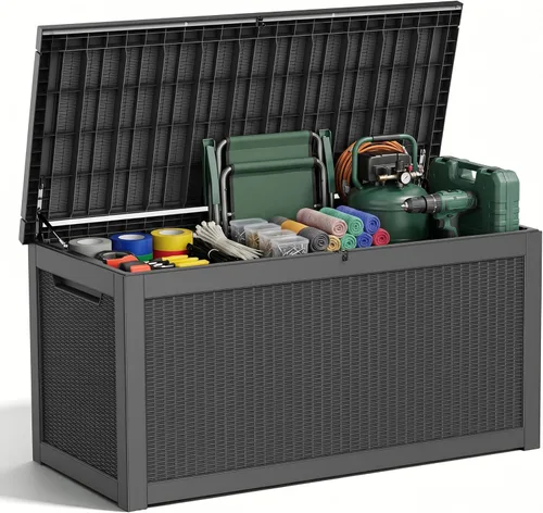 Miniatura 27 de Caja de cubierta para exteriores de 120 galones, cajas de almacenamiento impermeables con cerradura para herramientas de jardín, cojines de Gris