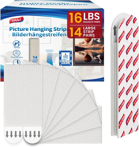 Miniatura 9 de TAILI Tiras para Colgar Cuadros de Servicio Pesado, 16 Pares Grandes y 12 Medianos (28 Pares, 56 Tiras) Kits de Colgadores de Marcos para Paredes