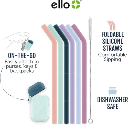 Miniatura 2 de Ello Impact - Paquete de pajitas de silicona reutilizables con funda de transporte plegable y almacenada, popote portátil para fiestas, viajes