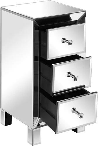 VINGLI Mesita de noche con espejo con 3 cajones, mesa auxiliar plateada con espejo para espacios pequeños, dormitorio, sala de estar