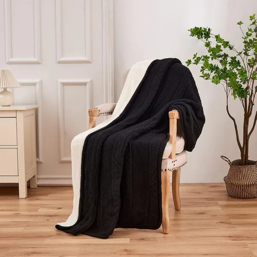 Miniatura 6 de Longhui bedding Manta de punto trenzado acrílico negro de 50 x 63 pulgadas, gruesa, suave, grande, acogedora manta de forro polar de punto