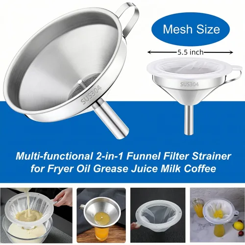 Miniatura 5 de Embudo de cocina con colador y filtro de malla fina 200, embudo de filtro de aceite de freidora de acero inoxidable 18/8 de grado alimenticio de 5
