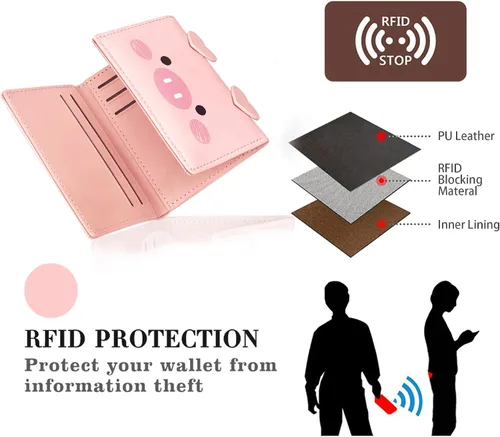 Miniatura 46 de CONISY Lindas carteras para mujer, de cuero con bloqueo RFID, pequeña cartera triple con ventana de identificación para niñas y mujeres