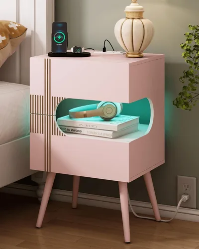 Miniatura 14 de JOONEE Mesita de noche negra con estación de carga y luces LED, moderna mesita de noche con 2 cajones de almacenamiento, mesita de noche con patas