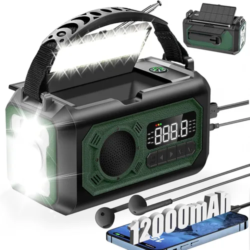 Radio meteorológica de emergencia de 12000 mAh, radio solar con manivela, radio portátil AM/FM/NOAA con 2 paneles solares, 3 métodos de carga,