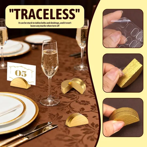 Miniatura 5 de 24 soportes de madera dorada para números de mesa, tarjeteros de madera que incluyen calcomanías adhesivas sin rastro, soportes de tarjetas