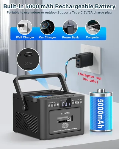 Miniatura 2 de Boombox Reproductor de CD y Casete Bluetooth5.1 con batería de 5000 mAh, altavoces estéreo duales de 5 W, reproductor de CD recargable con radio FM