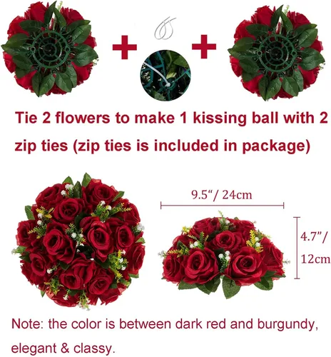 Miniatura 4 de BLOSMON Bolas de flores, centros de mesa de rosas de boda: 2 piezas de flores falsas carmesí decoración de bolas de besos Arreglos florales