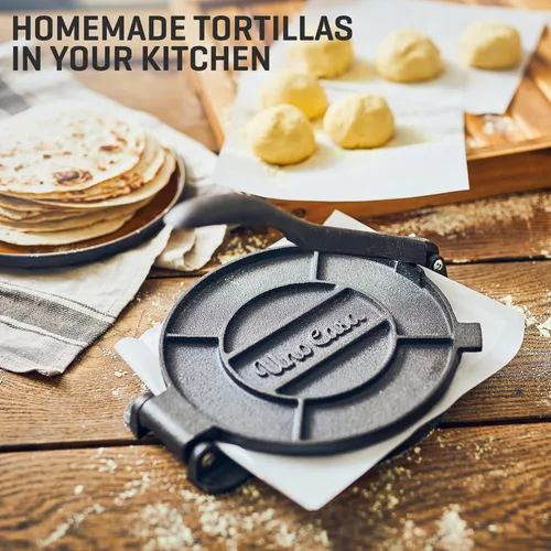Miniatura 7 de Uno Casa Prensa de tortilla de hierro fundido de 8 pulgadas con calentador de tortillas - Paquete de preparador pre-sazonado para quesadillas, roti