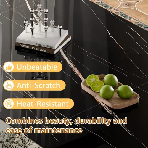 Miniatura 7 de Moderno juego de mesa de comedor para 6, 7 piezas, mesa rectangular de mármol sintético de 71 pulgadas con base de acero inoxidable plateado