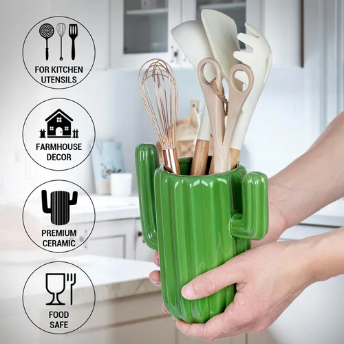 Miniatura 3 de MyGift Soporte de cerámica para utensilios de cactus, vajilla verde del suroeste, organizador de cocina duradero para cucharas, pinceles, desierto