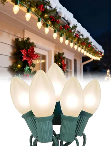 Miniatura 15 de Luces de Navidad C9 rojas y blancas de 25 pies, cadena de luces de Navidad C9 impermeables con 26 bombillas rojas y blancas, luces de Navidad Luz