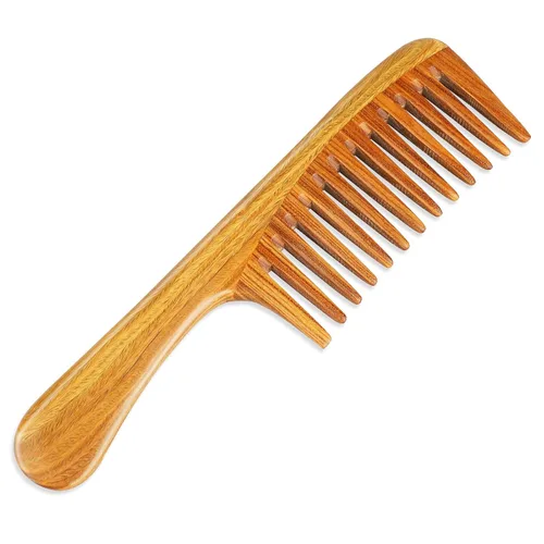 Miniatura 2 de Onedor Peine de pelo de sándalo verde natural, peine desenredante extragrande, 100% natural, antiestático, hecho a mano, marrón claro, para todas