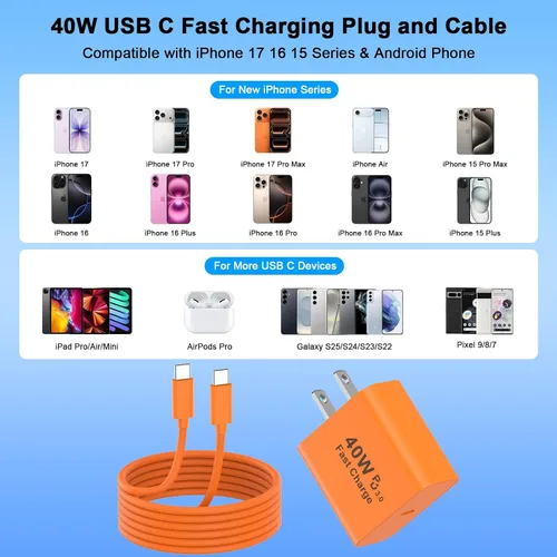 Miniatura 4 de [Certificado MFi de Apple] Cargador para iPhone 17 Pro Max de carga rápida, paquete de 2 bloques de carga USB C de 40 W con cable de carga tipo C