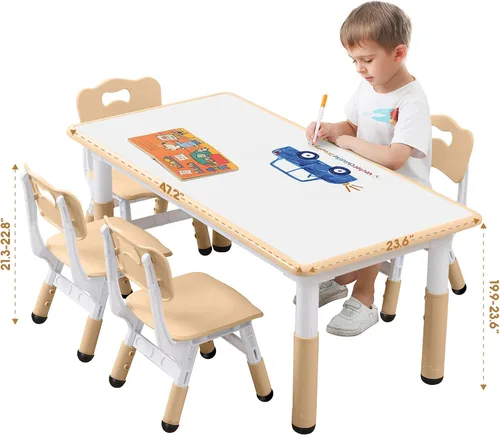 Miniatura 8 de Juego de Mesa y Silla para Niños Ajustable en Altura para Niños Pequeños y Juego de 6 Sillas con Escritorio a Prueba de Grafiti, Patas