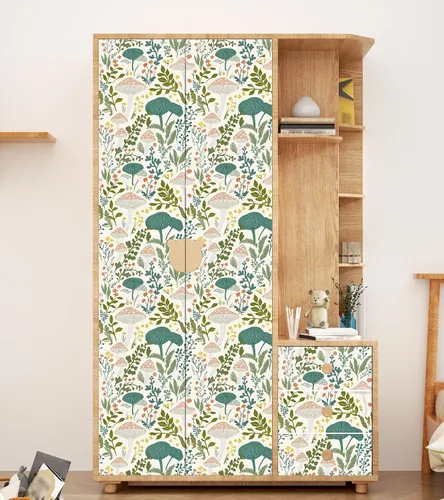 Miniatura 8 de Papel tapiz floral de hongos rosados para despegar y pegar, papel de contacto bohemio con hojas verdes claras, acuarela, colorido mural de pared