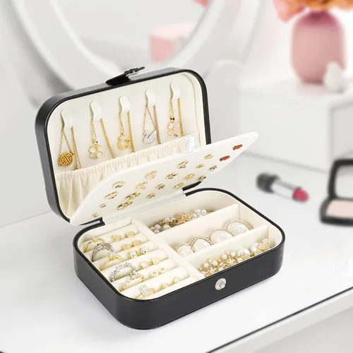 Miniatura 2 de Mpeyuiltic Joyero de viaje, estuche de joyería portátil de piel sintética pequeño para mujeres y niñas, organizador de joyas de viaje de doble capa