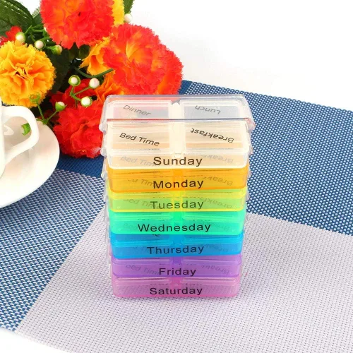 Miniatura 8 de Dispensador semanal, contenedor de almacenamiento de 7 días a la mañana de la mañana, organizador para vitaminas, aceite de hígado de bacalao
