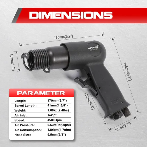 Miniatura 2 de Kit de martillo de aire de cañón corto UPWOOD UW-AH150 con retenedor de cambio rápido y 4 cinceles, trazo de 1-5/8 pulgadas, 4500 RPM, peso ligero