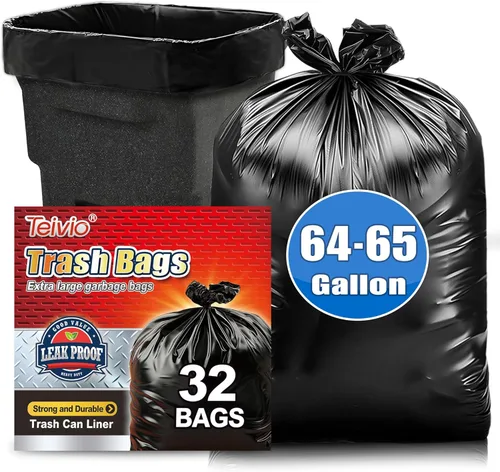 Miniatura 8 de Teivio - Bolsas de basura grandes negras de 64 a 65 galones, 13 unidades, grandes multiusos, se adaptan a contenedores de basura de 60, 62, 63, 64