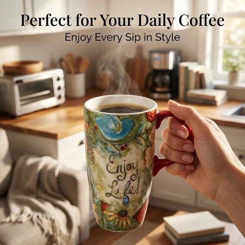 Miniatura 7 de CEDAR HOME Taza de Café de Cerámica de Porcelana con Tapa para Lata de Té 17oz. Disfruta de la Vida