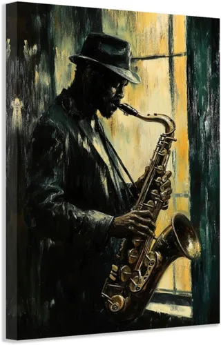Miniatura 8 de SWQYLB Arte de pared de música negra, arte abstracto de jazz, pintura afroamericana, lienzo, instrumentos musicales, imágenes, aula, música, Negro