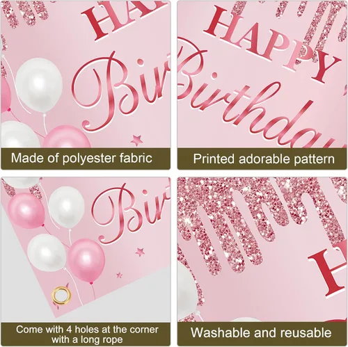 Miniatura 6 de Uiorgui Cartel de cumpleaños rosa – Cartel de feliz cumpleaños decoraciones de fondo suministros para fiestas