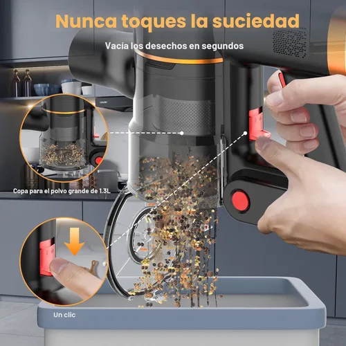 Miniatura 7 de Tikom V500 - Aspiradora inalámbrica para el hogar, aspiradora de 40000 Pa/450 W con pantalla táctil LED, base de pared de carga, antienredos