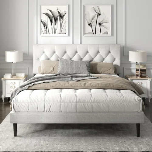 Miniatura 16 de HAOARA Armazón de Cama de Plataforma Tamaño Completo con Cabecera Tapizada con Botones Capitoné, Base de Colchón con Soporte de Listones de Madera