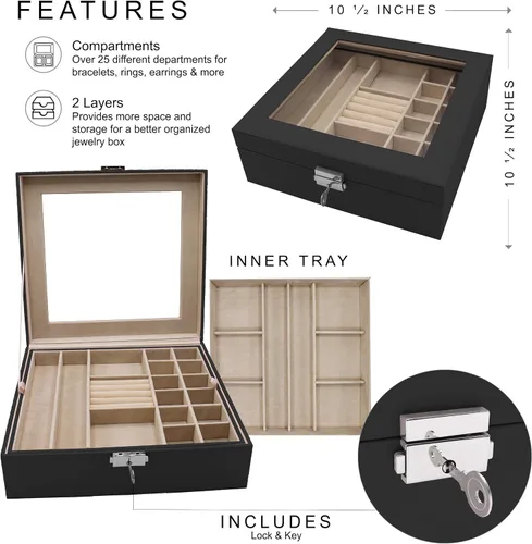 Miniatura 2 de Joyero personalizado con bandeja extraíble, organizador, cerradura, llave y parte superior de cristal, monograma y grabado personalizado